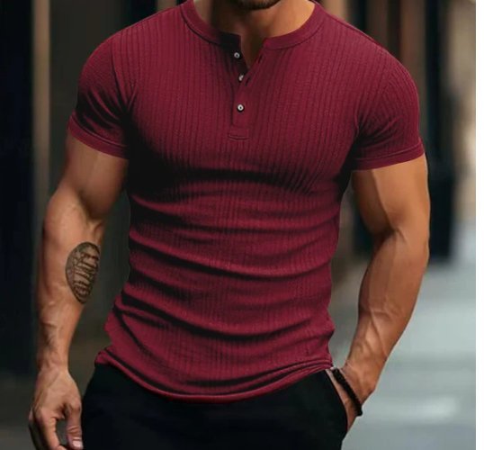 Men's Casual Stretch Knit Short Sleeve Henley T-Shirt