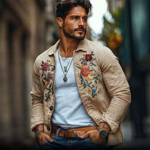 Men's Casual Linen Embroidered Lapel Loose Long Sleeve Shirt