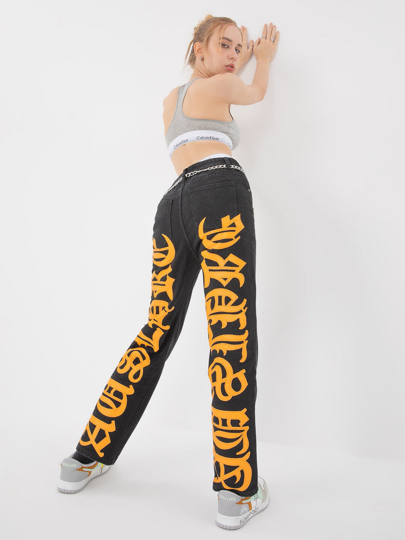 Burning Text Embroidered Letters Jeans