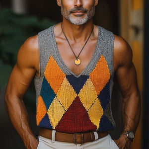 Men's Summer Fashion Diamond Colorblock Knitted Tank Top