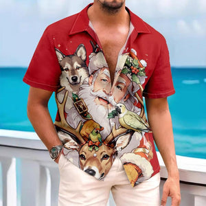 Men's Vintage Casual Santa Claus Christmas Lapel Short Sleeve Shirt