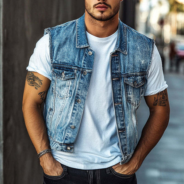 Men's Vintage Blue Washed Denim Lapel Vest