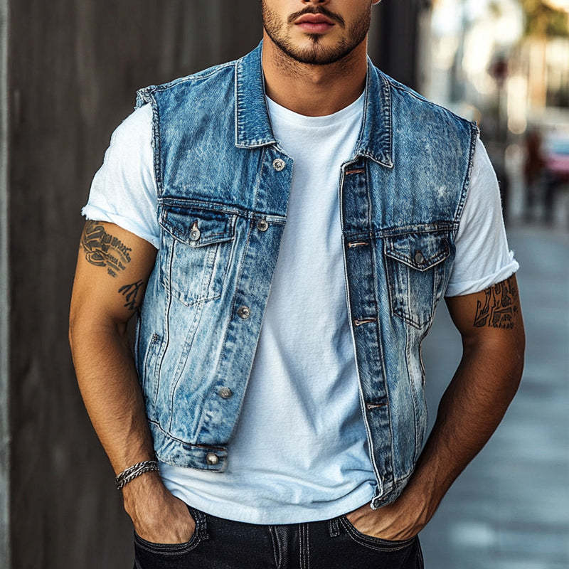 Men's Vintage Blue Washed Denim Lapel Vest