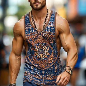 Herren-Tanktop im Retro-Stil, lässig, ethnischer Stil, geometrischer Druck, Rundhalsausschnitt