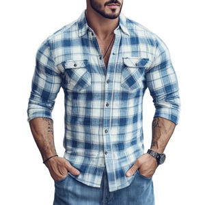 Men's Casual Cotton Plaid Lapel Chest Pocket Slim Fit Long Sleeve Shirt