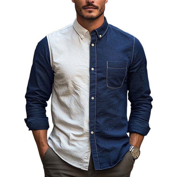 Men's Spring And Autumn Cotton And Linen Contrast Color Stitching Shirt