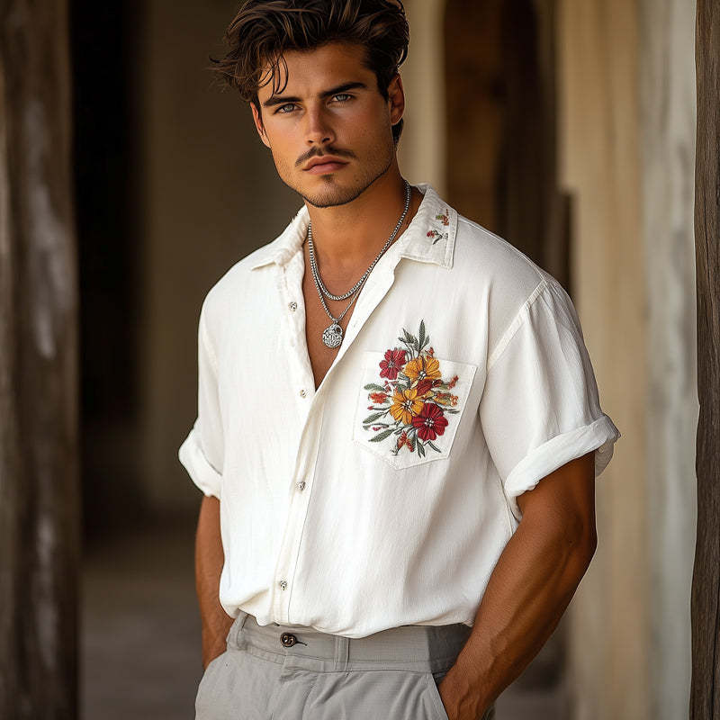 Lässiges, besticktes Kurzarmhemd aus Chiffon für Herren