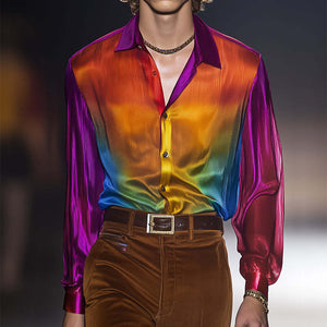 Herren Retro Casual Rainbow Print Leichtes Revers Langarmhemd