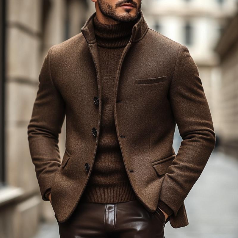 Herren-Blazer im Vintage-Stil, aus Wollmischung, mit Stehkragen, einreihig, schmaler Schnitt