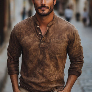 Braunes Tie-Dye-T-Shirt aus Baumwolle mit langen Ärmeln und Button-Down-Kragen für Herren