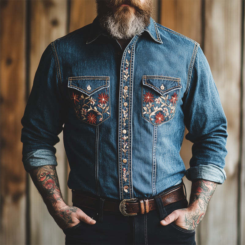 Dunkelblaues Vintage-Jeanshemd mit Stickerei und Waschung für Herren