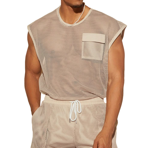 Lässiges Tanktop für Herren mit Mesh-Spliced-Brusttasche und lockerem Rundhalsausschnitt
