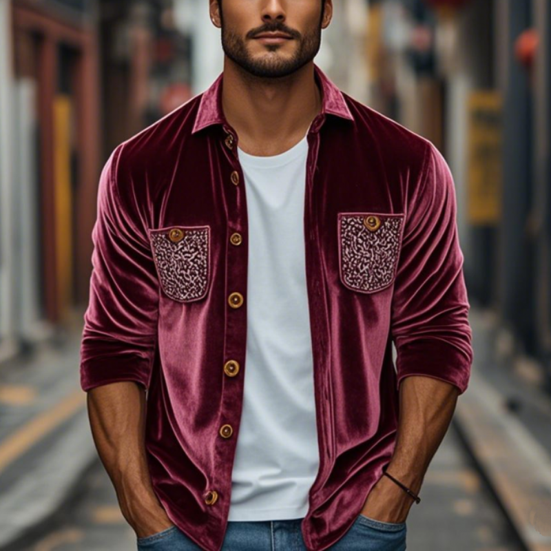 Herren Frühlingsmode Retro Stickerei Samt Langarmhemd