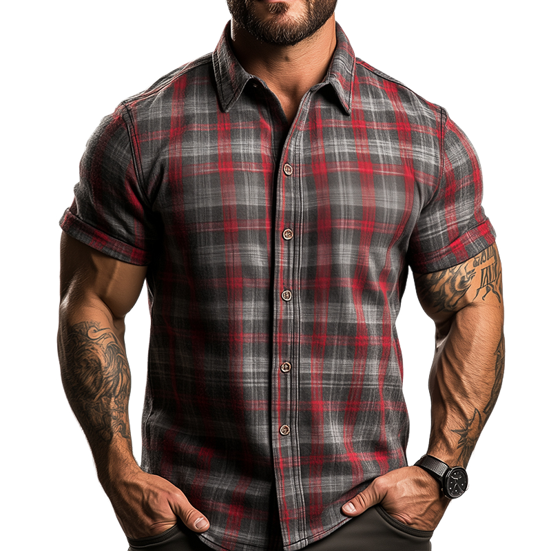 Men's Retro Casual Plaid Print Lapel Short Sleeve Shirt