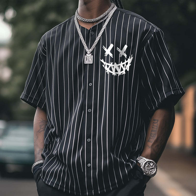 Men's Retro Casual Striped Smiley Face Hip Hop Baseball Button Short Sleeve T-Shirt