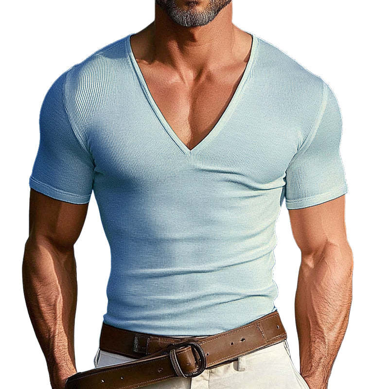 Men's Solid Color Knitted V-Neck Casual Short Sleeve T-Shirt