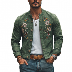 Men's Casual Linen Floral Embroidery Round Neck Single Breasted Slim Fit Jacket
