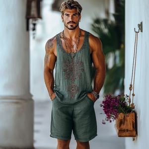 Men's Casual Linen Flower Embroidery U-Neck Loose Tank Top Elastic Waist Shorts Set