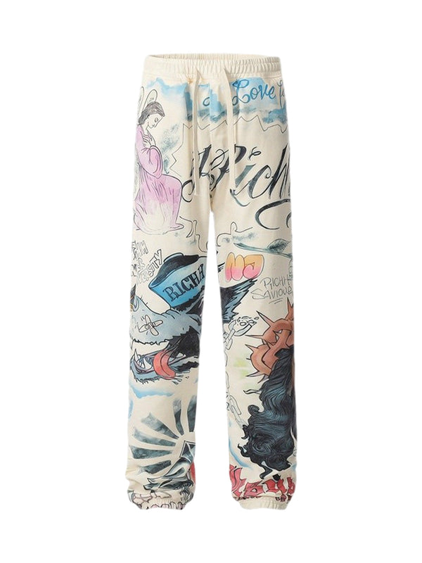 Drawstring Full Graffiti Cuffed Pants