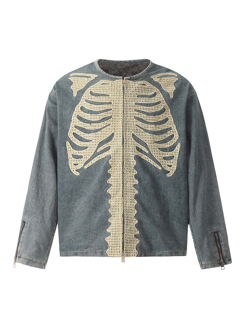 Heavy Bone Embroidered Washed Denim Jacket