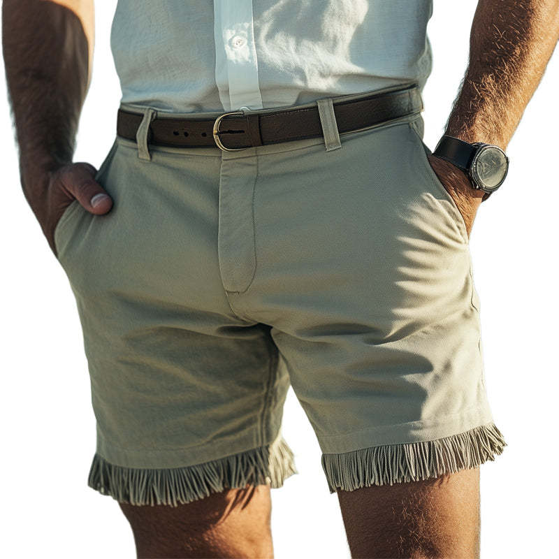 Men's Summer Retro Light Green Tassel Patchwork Shorts