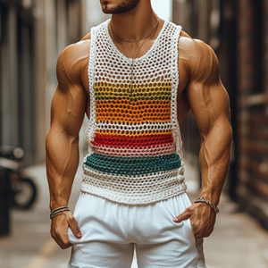 Men's Casual Round Neck Color Striped Crochet Tank Top