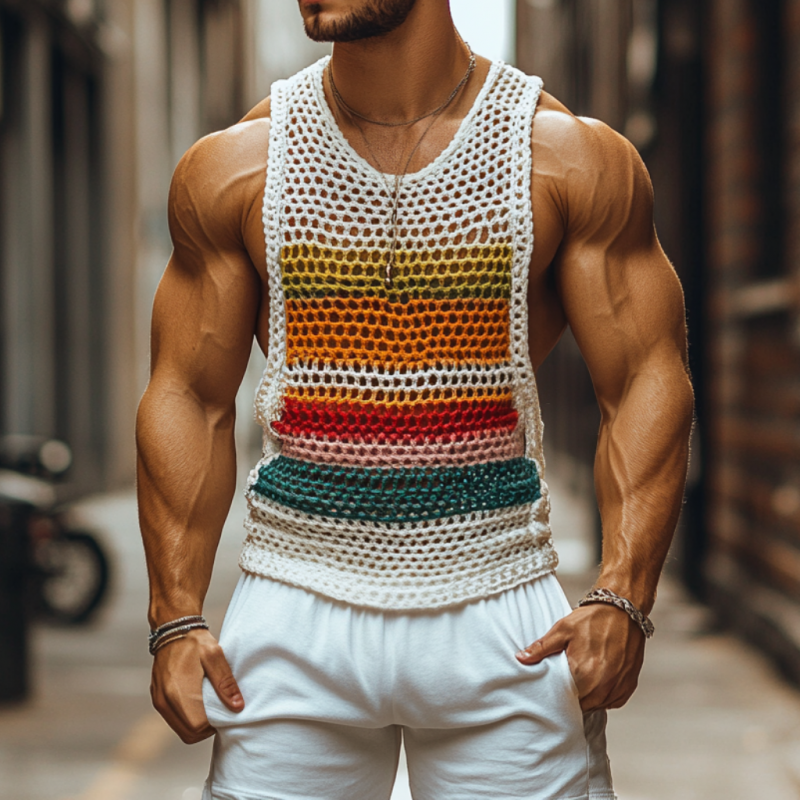 Lässiges, farbig gestreiftes Häkel-Tanktop für Herren mit Rundhalsausschnitt