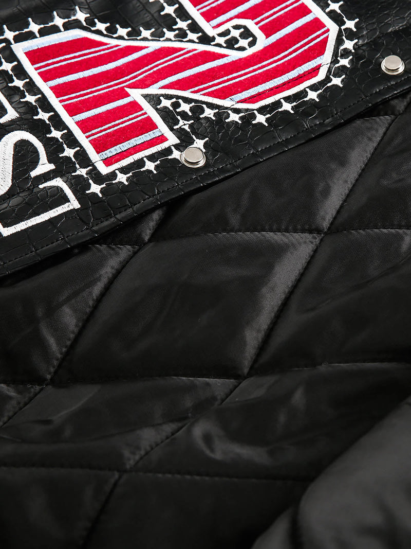 Patchwork Embroidered Leather Bomber Jacket