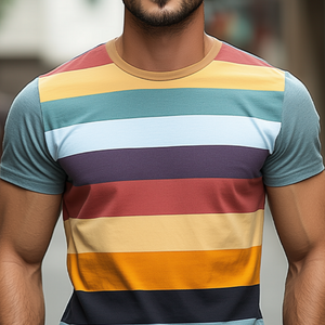 Men's Casual Round Neck Slim Fit Horizontal Striped Cotton Short-sleeved T-shirt