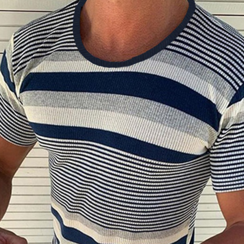 Men's Spring And Summer Casual Horizontal Stripe Knit Short Sleeve T-Shirt