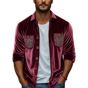 Men's Spring Fashion Retro Embroidery Velvet Long Sleeve Shirt