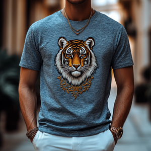 Men's Casual Cotton Tiger Embroidery Round Neck Loose Short Sleeve T-Shirt