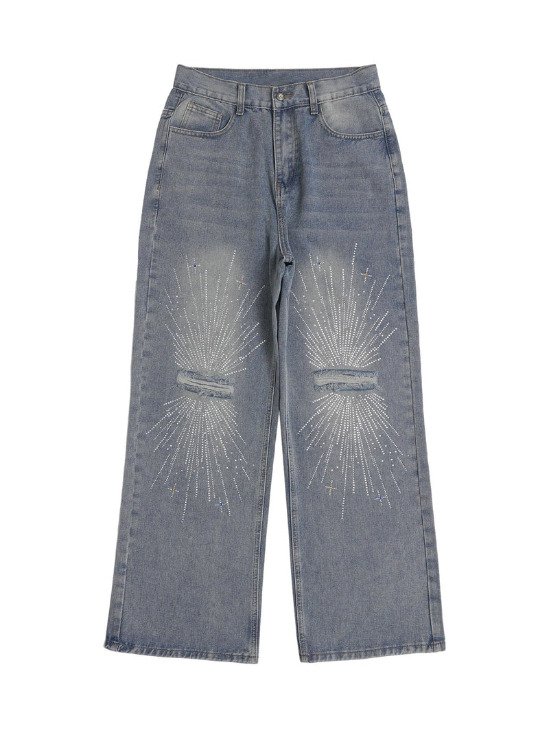 Hip-Hop Shining Cross Hot Diamond Distressed Washed  Baggy Jeans