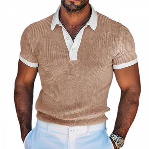 Men's Casual Contrast Lapel Slim Fit Knitted Short Sleeve Sweater T-Shirt