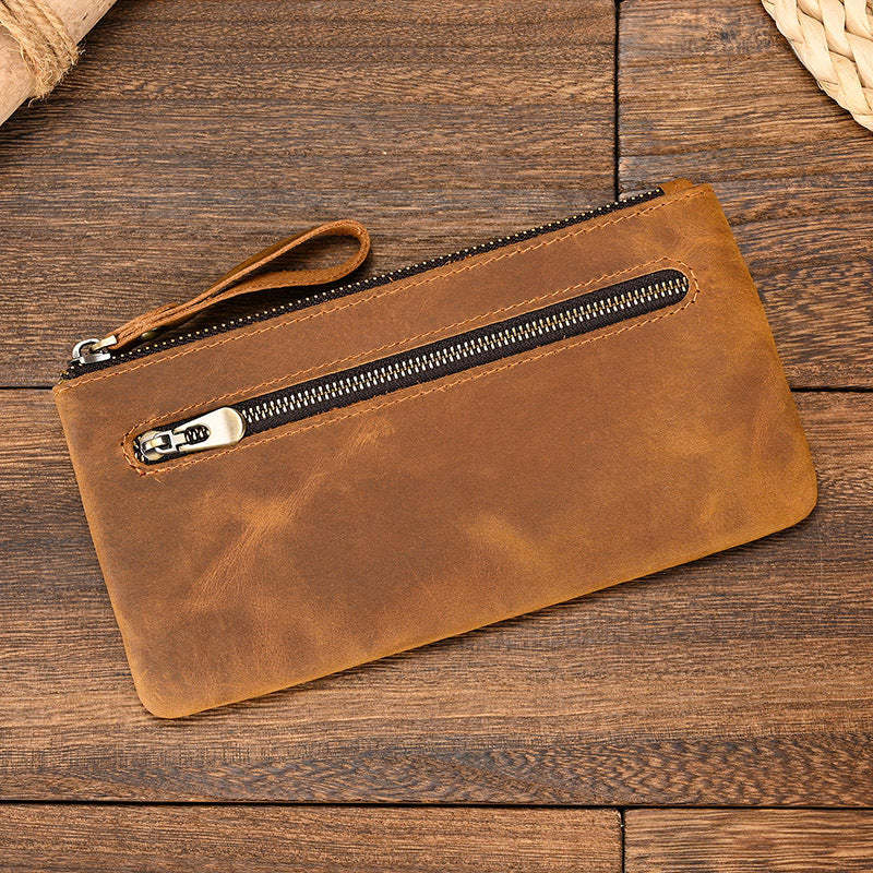 Herren Vintage Crazy Horse Leder Große Kapazität Reißverschluss Lange Brieftasche 