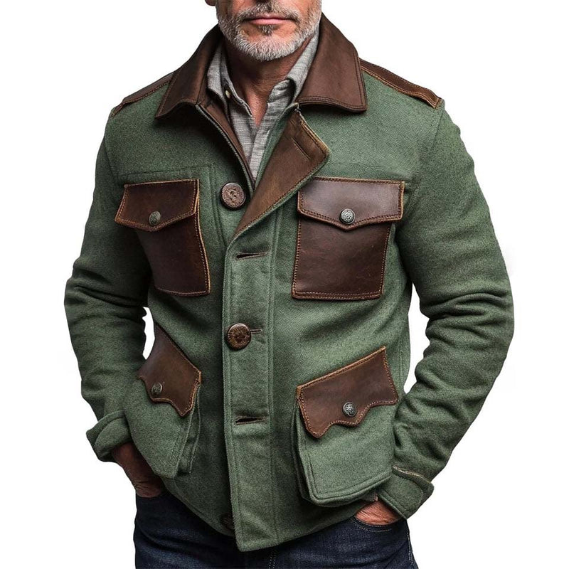 Men's Vintage Wool Leather Multi-Pocket Lapel Jacket