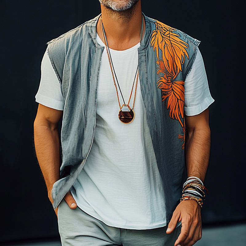 Men's Summer Washed Denim Colorblock Embroidered Vest
