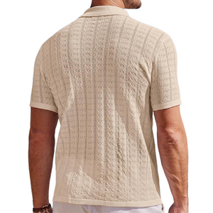 Men's Casual Lapel Hollow Jacquard Knitted Slim Fit Short Sleeve Cardigan