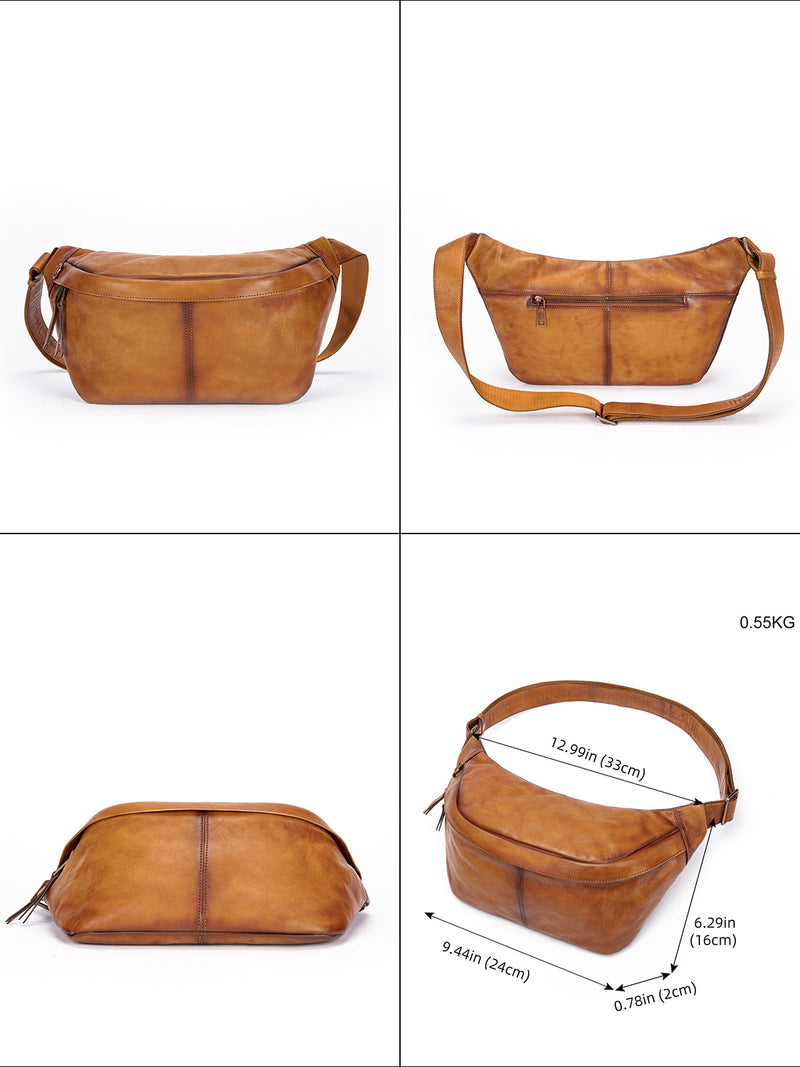 GENUINE LEATHER SINGLE SHOULDER CROSSBODY BAG, MEN'S TOP LAYER COWHIDE CHEST BAG, SIMPLE AND CASUAL MOTORCYCLE BAG, TRENDY