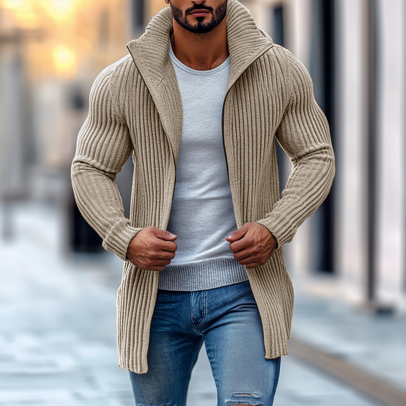 Modischer Herren-Strickpullover mit Stehkragen, einfarbig, gestreift, langen Ärmeln und mittlerer Länge