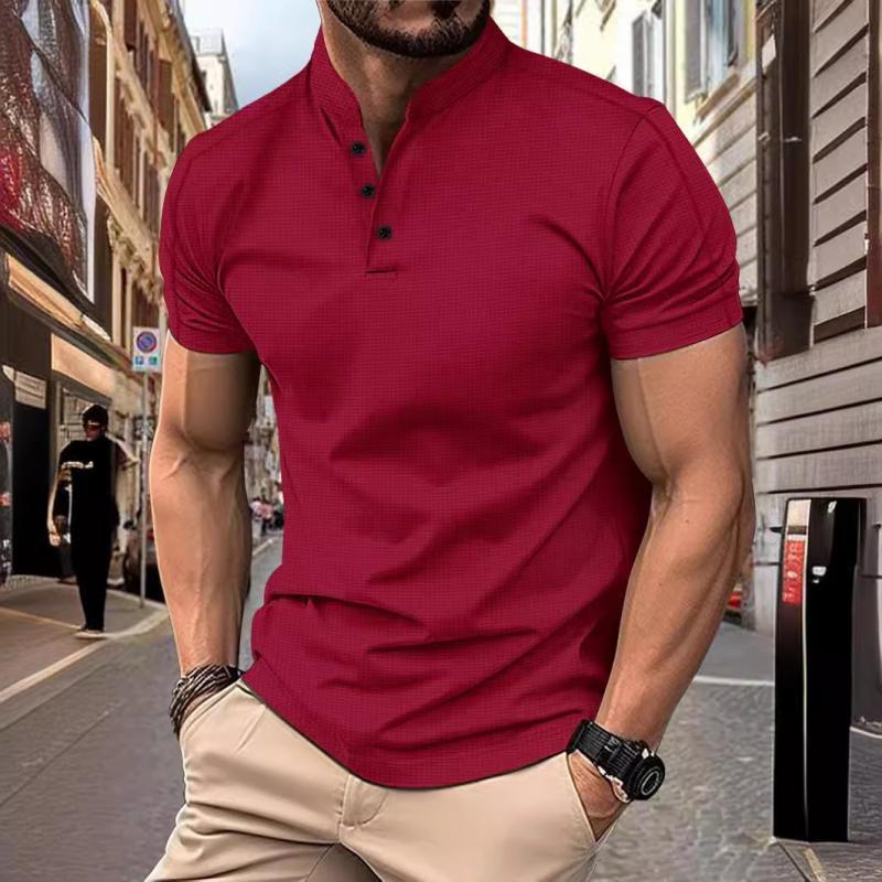 Men's Casual Stand Collar Waffle Slim Fit Short Sleeve T-Shirt