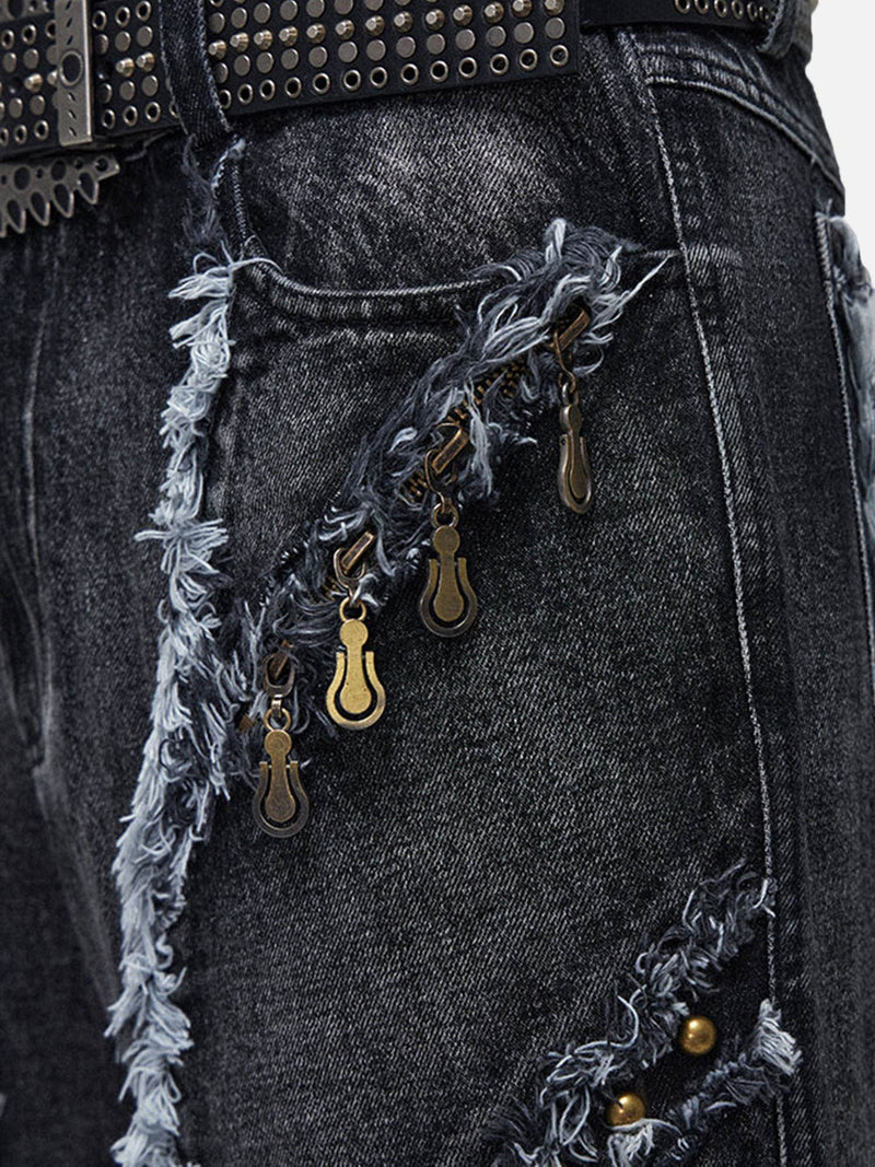 Retro Multi-Pull Washed Distressed Tassel Jeans