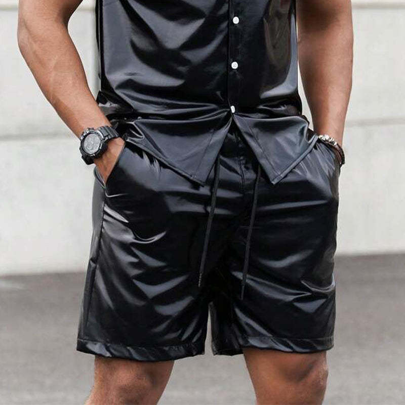 Herren-Set aus glänzendem PU-Leder, schlicht, schwarz, mit kurzen Ärmeln 
