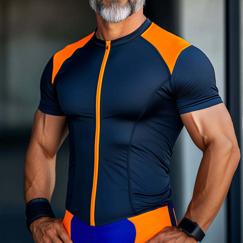 Men's Retro Casual Quick Dry Zipper Collarless Short Sports Short Sleeve T-shirt