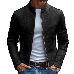 Men's Fashion Stone Pattern Stand Collar Zipper Slim Fit Leather Jacket