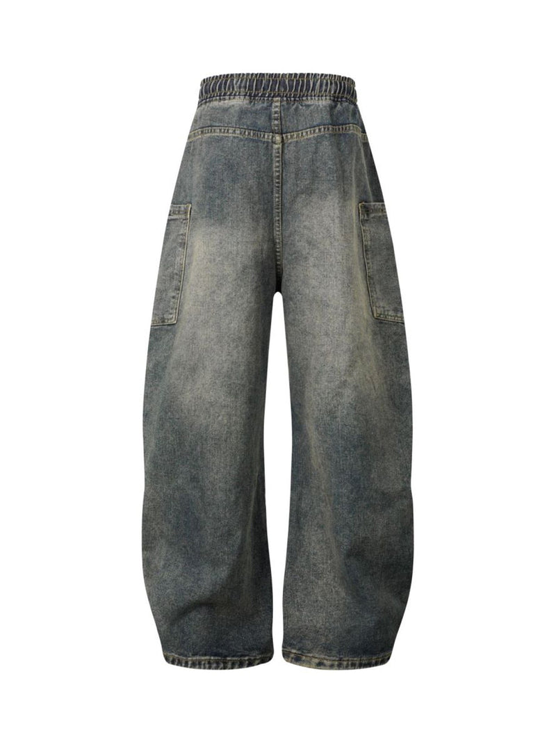 Washed Distressed Split Drawstring Barrel Jeans