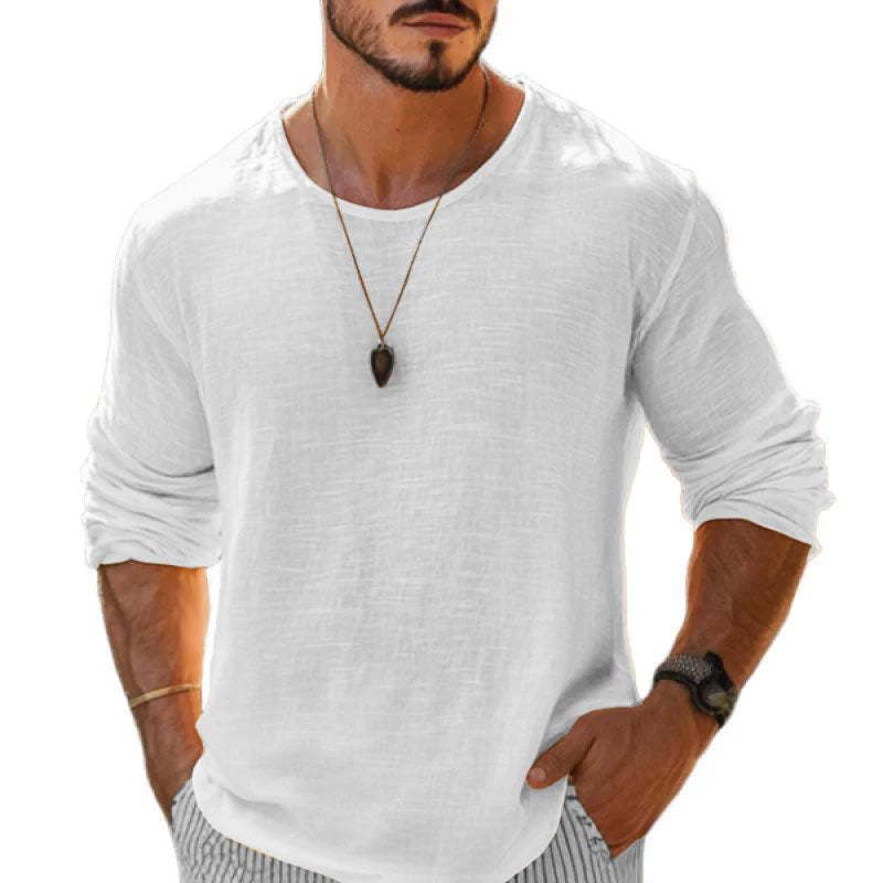 Men's Casual Cotton Linen Round Neck Loose Long Sleeve T-Shirt