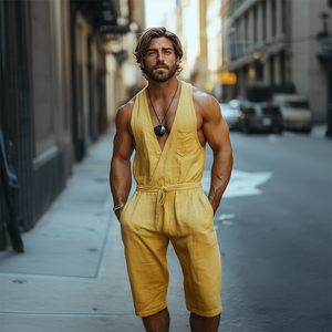 Herren Frühlings- und Sommermode Lässiger tiefer V-Ausschnitt Tanktop aus Baumwolle und Leinen Länge bis zum Knie Shorts Jumpsuit