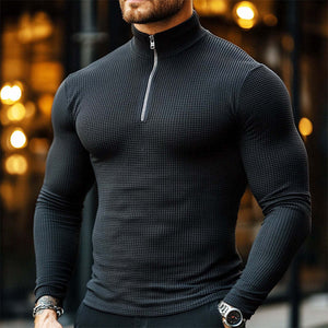 Herren Retro Casual Solid Color Waffel Reißverschluss Stehkragen Langarm T-Shirt
