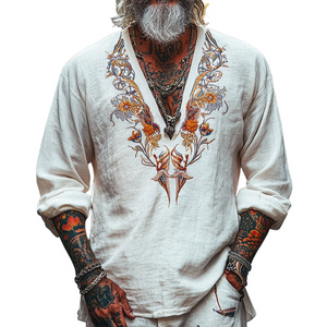 Herren Vintage Casual V-Ausschnitt Baumwollmischung Besticktes Langarm-T-Shirt